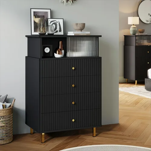 Vista 7 de ChooChoo Cómoda para dormitorio con gran capacidad, cómoda de 4 cajones con LED y acrílico, cómoda moderna blanca y dorada, cómoda con espacio