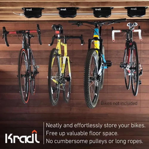 Vista 2 de Kradl - Soporte de techo para bicicleta con elevador y estante. Sistema de elevación para bicicletas sin electricidad, cuerdas o poleas incómodas.