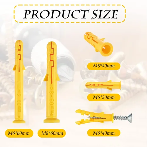 Vista 2 de Sasylvia Juego de anclajes de pared de plástico amarillo de 5 tamaños, surtido de anclajes de pared para paneles de yeso, instalación de montaje