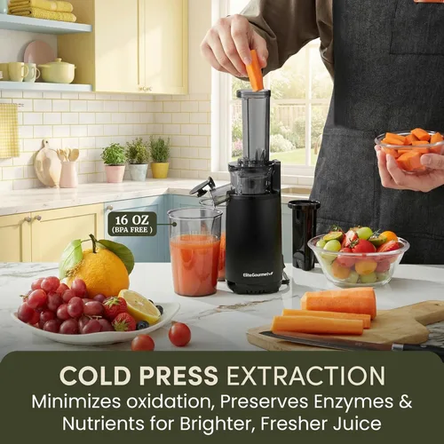 Vista 5 de Elite Gourmet EJX600 Exprimidor de zumo masticante compacto para espacios pequeños, exprimidor de prensa fría de zumo, rico en nutrientes