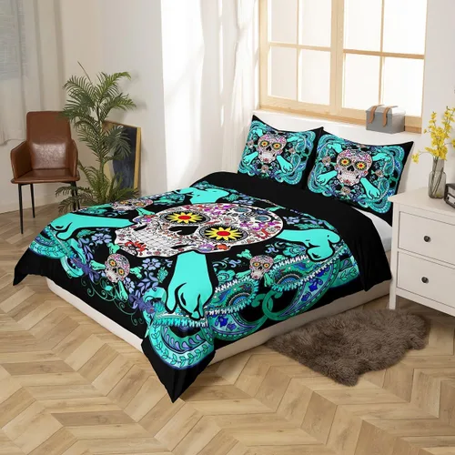 Vista 2 de Funda de edredón de calavera de azúcar, tamaño individual, juego de ropa de cama bohemio de cachemira gótica, funda de edredón exótica bohemia