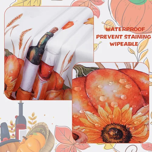 Vista 5 de Decoración de otoño, mantel de otoño, mantel de Acción de Gracias, rectangular, hoja de arce y calabaza, impermeable, lavable, para Acción