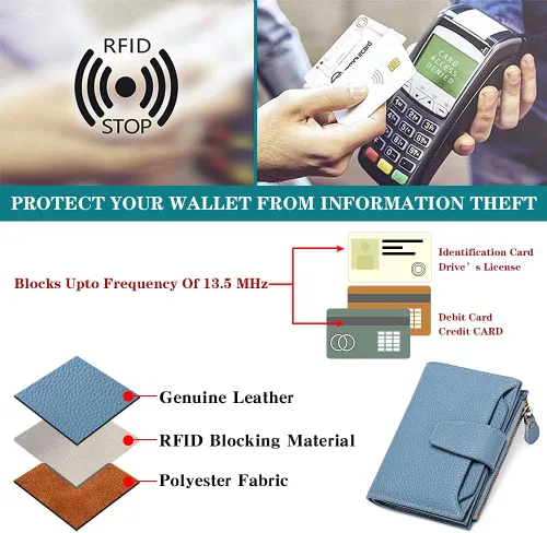 Vista 5 de FALAN MULE - Cartera de cuero auténtico para mujer, pequeña plegable , compacta, con interferencia de radiofrecuencia (RFID)