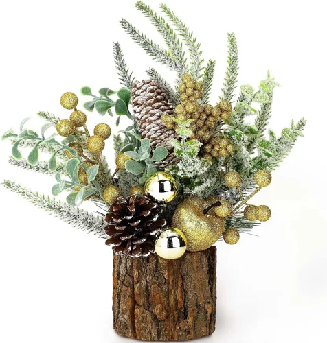 Vista 7 de Pequeño árbol de Navidad de mesa artificial, mini decoraciones de árbol de Navidad con adornos navideños, bayas rojas, piñas, vegetación para hogar