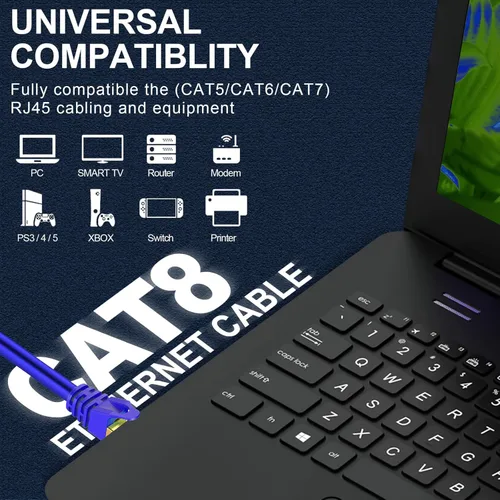 Vista 6 de Cable Ethernet Cat8 de 150 pies Redondo S/FTP para exteriores e interiores, resistente de alta velocidad, cable de red LAN Cat8 40Gbps 2000Mhz Azul