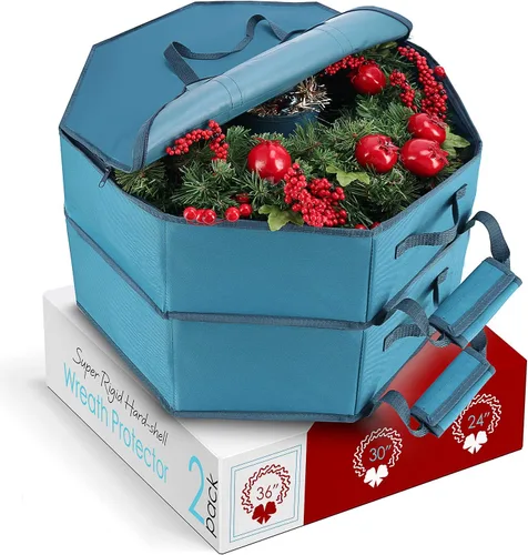 Vista 9 de Contenedor para guardar coronas - Bolsa de almacenamiento para coronas de Navidad de carcasa dura con bolsillos interiores, doble cremallera y asas