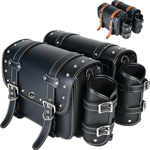 Alforjas de cuero de PVC para motocicleta, bolsas de sillín | Bolsas laterales de alforjas con portavasos|Impermeable|Bolsa de herramientas