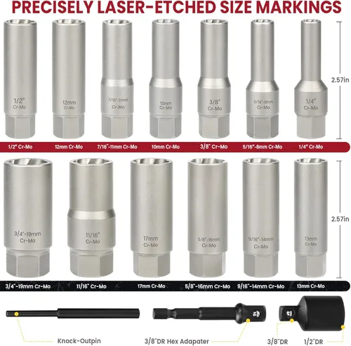 Vista 2 de Kit de extractor de pernos profundos de 16 piezas, con adaptador de 3/8", juego de dados extractores de tuercas rotas Ez Out, herramienta