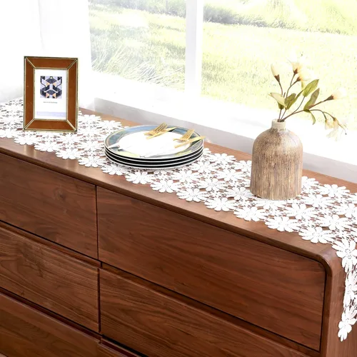 Vista 5 de Camino de mesa de encaje blanco para tocador, camino de mesa de margaritas de comedor de otoño, 13 x 35 pulgadas, mesa de café de té, decoraciones