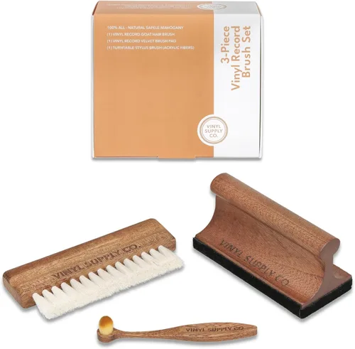 Vista 2 de Vinyl Supply Co.- Juego de pinceles para discos de vinilo 3 en 1, cepillo para discos de vinilo de pelo de cabra, almohadilla de terciopelo