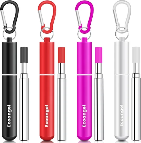 Vista 8 de Ecoangel Cruise Ship Essentials, paquete de 4 popotes plegables reutilizables de acero inoxidable con estuche de aluminio, cepillo de limpieza