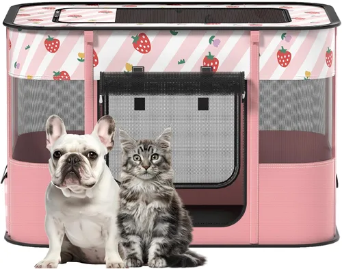 Vista 13 de Corralito para perros con almohadilla impermeable, jaulas portátiles para perros medianos, jaulas para perros de malla transpirable plegable, casa