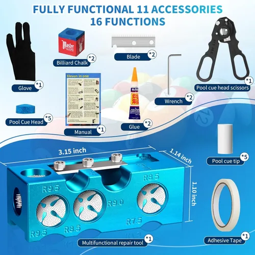 Vista 5 de 11-in-1 Aluminum Alloy Pool Cue Tip Shaper, Pool cue Tips Replacement kit, Billiards Accessories Tool, Pool Stick Tips, Pool Table Accessories for