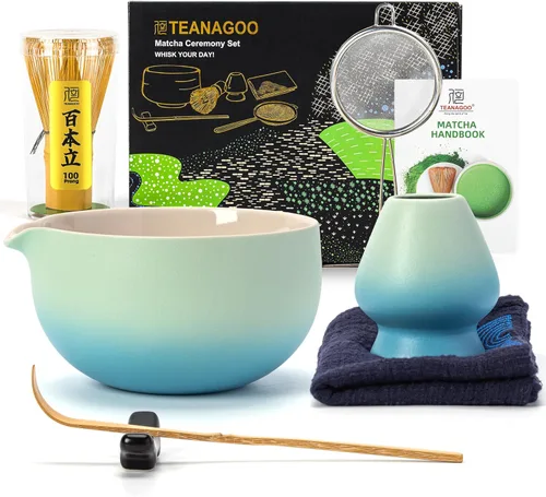 Vista 15 de TEANAGOO Juego de batidor de matcha, juego de 7 piezas de matcha azul y verde, kit de ceremonia, juego de té matcha para hacer café con leche