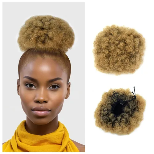Vista 17 de Extensión de cola de caballo afro con cordón, corta sintética afro rizada para cabello natural, clip en cordón rizado, moño (grande, 1B#)