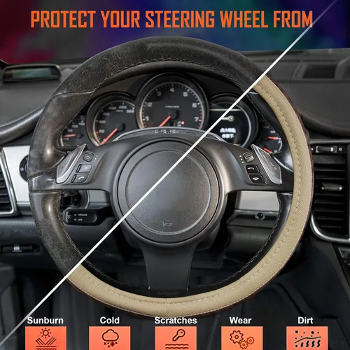 Vista 5 de CAR PASS - Funda de volante de cuero de grano de madera de 14.5-15 pulgadas de microfibra, diseño antideslizante con vetas, funda universal