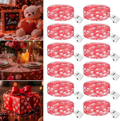 Vista 17 de Paquete de 6 Luces de Hadas a Batería - 7 pies 20 Luces LED Parpadeantes 3 Modos, Mini Luces de Cadena a Granel Impermeables para Frascos Mason Rojo