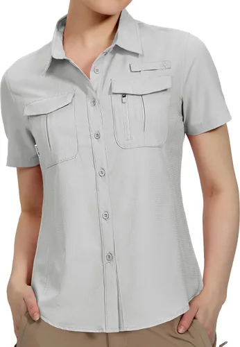 Vista 11 de Haimont Camisas de senderismo y pesca con protección solar para mujer, manga corta, abotonadas, resistentes al agua, de secado rápido
