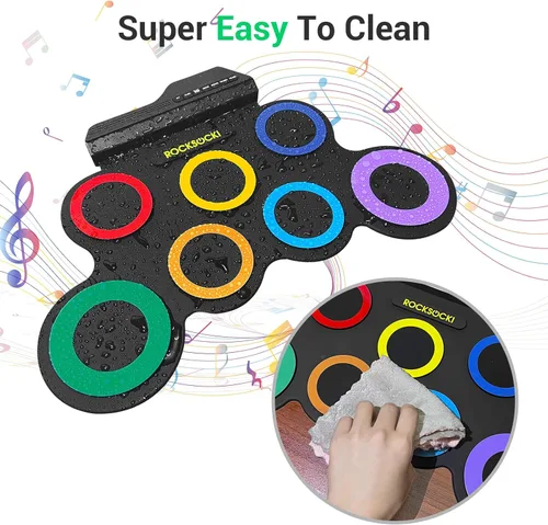Vista 5 de ROCKSOCKI Juego de batería eléctrica, 7 almohadillas electrónicas para niños con auriculares incluidos, almohadilla de práctica de tambor