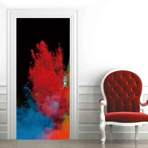 Vista 8 de Art - Adhesivo abstracto azul y amarillo para puerta, calcomanías de vinilo para despegar y pegar, mural autoadhesivo para decoración del hogar