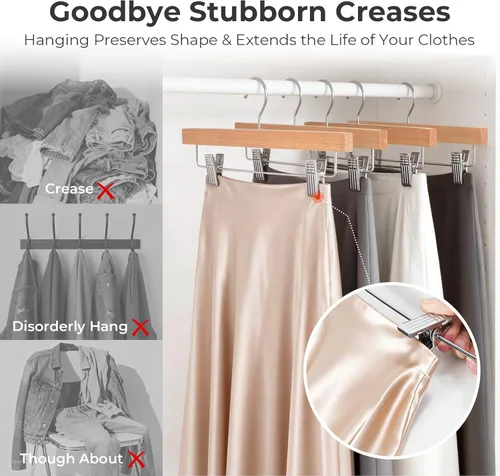 Vista 5 de HOUSE DAY Perchas de madera para pantalones con clips, perchas de madera maciza de loto de lujo, gancho resistente y antioxidante para pantalones