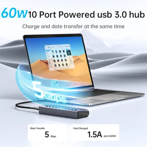Vista 5 de SSK Hub USB 3.0 alimentado por 10 puertos, concentrador de carga USB de aluminio de 60 W con adaptador de corriente DC 12V5A, soporta carga rápida
