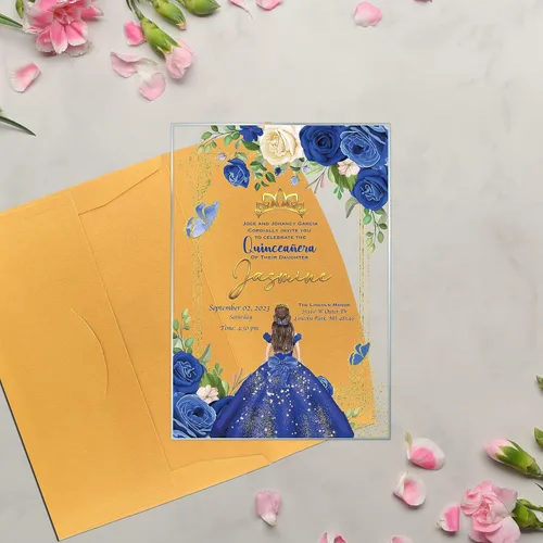 Vista 4 de Avior Invitación de quinceañera - Vestido azul real, invitación de cristal transparente, membrillo Mis, azul marino, dulce 15, dulce 16, membrillo