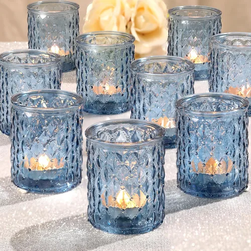 Vista 8 de 24 piezas de portavelas votivas azules, portavelas para luces de té para decoración de mesa de boda, portavelas azules para centro de mesa