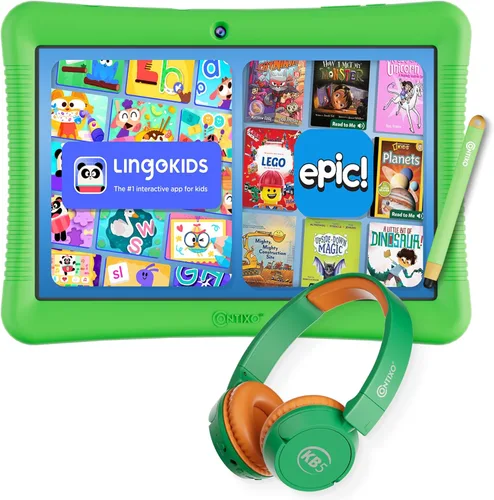 Paquete de tableta Contixo K102 para niños de 10" - Auriculares inalámbricos para niños, 32GB, más de 80 libros electrónicos de Disney (valor de