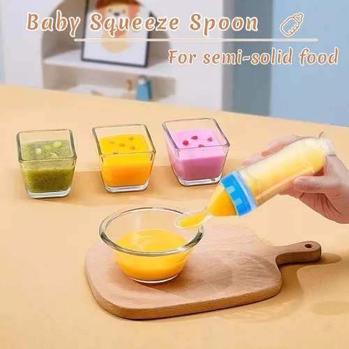 Vista 4 de Juego de cucharas dispensadoras de alimentos para bebés de 4 piezas de silicona - WAJIAYON, cucharas de alimentación con exprimidor de 3 oz