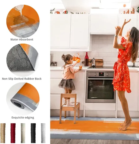 Vista 6 de Kitchen Rug Mats Set of 2 Piece Orange and Grey Non Slip Cushioned Rug Farmhouse Abstract Art Painting Anti-Fatigue Washable Comfort Floor Mat