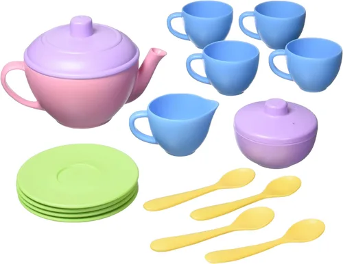 Green Toys Juego de té, Pink CB, juego de 17 piezas, habilidades motoras, lenguaje y comunicación para niños, sin BPA, ftalatos, PVC, apto para