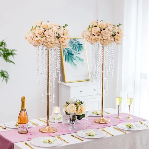 Vista 2 de Jarrones altos para centros de mesa de boda, florero dorado de 29.6 pulgadas con cristal de araña, decoración de mesa de centro de mesa, soporte