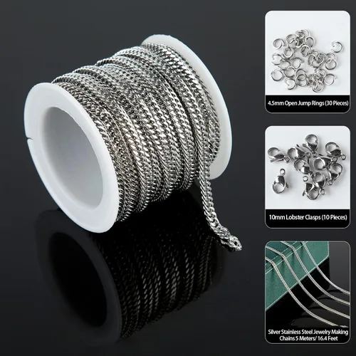 Vista 2 de YOUBEIYEE Cadena de plata a granel, suministros para hacer joyas, cadena de eslabones de acero inoxidable 304 para collar, pulsera, bricolaje
