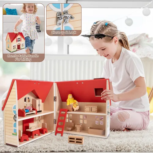 Vista 2 de WOODMAM Casa de muñecas plegable de madera con 13 piezas de muebles, 4 habitaciones y 2 muñecas flexibles, juego de casa de muñecas para juego