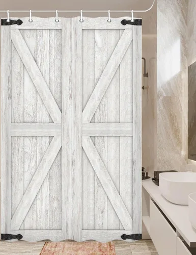 Vista 25 de Cortina de ducha de puerta de granero de madera rústica, 60 x 70 pulgadas, beige