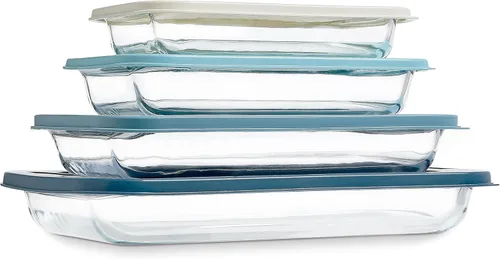 COOK WITH COLOR - Juego de 8 piezas de refractarios profundos de vidrio con tapas de plástico, para hornear y almacenar alimentos, aptos para Azul