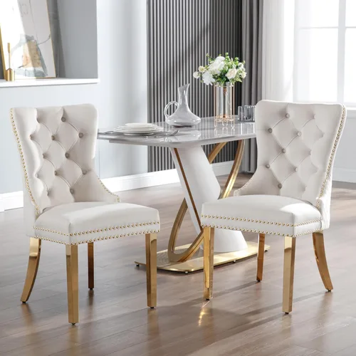 Vista 18 de KCC Juego de 2 sillas de comedor tapizadas de terciopelo, modernas sillas capitoné con botones con anillo de cabeza de león y patas de acero