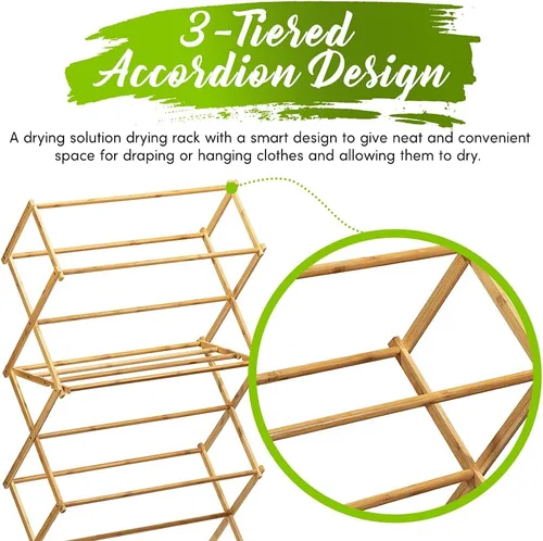 Vista 3 de Bartnelli Tendedero de Bambú para Ropa, Secador de Ropa de Madera, Estabilidad Extrema, Construcción Resistente, Plegable, Colapsible, Ahorro