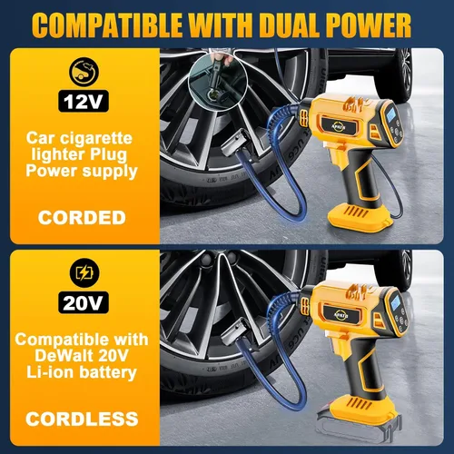 Vista 2 de Compresor de aire inalámbrico para batería Dewalt de 20 V máximo, inflador de neumáticos portátil de 150 PSI, bomba de aire de mano con medidor