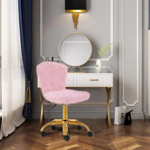 Vista 2 de GIA Silla de tocador pequeña giratoria ajustable con respaldo medio con piel sintética, color rosa