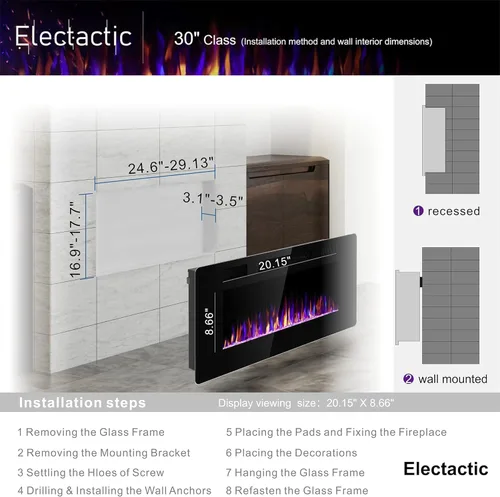 Vista 4 de Electactic - Chimenea eléctrica de 30 pulgadas para insertar ultradelgada - Chimenea calefactora empotrada y de montaje en pared con termostato