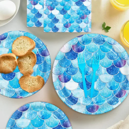 Vista 6 de Juego de vajilla de 96 piezas para fiesta de sirena, decoración de fiesta de cumpleaños de sirena, temática del océano, juego de vajilla desechable