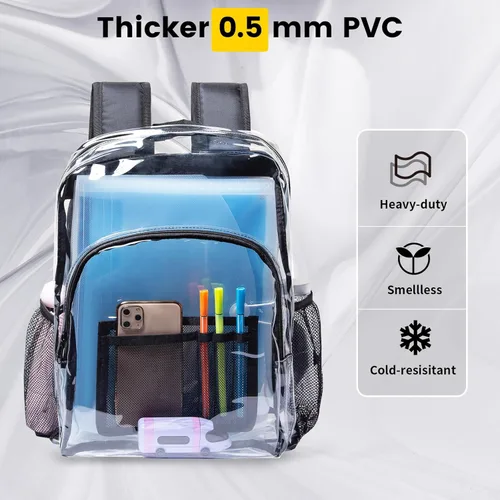 Vista 3 de Vorspack Mochila transparente resistente - Mochila transparente de PVC transparente para libros para viajes de trabajo universitario, Negro