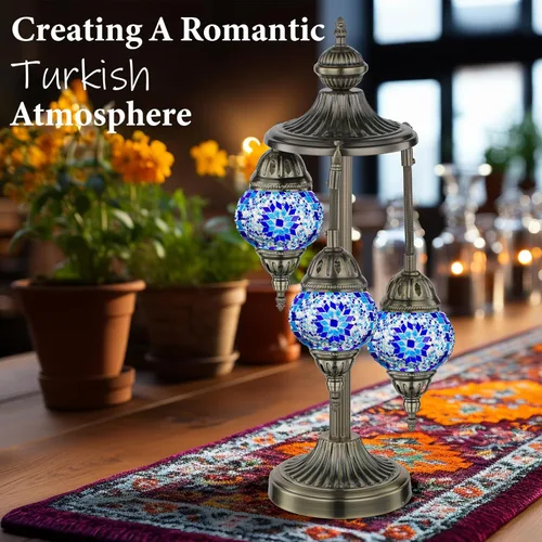 Vista 2 de Marrakech Lámpara turca de mesa marroquí de 3 globos con base de bronce, 23 pulgadas de alto hecha a mano azul Tiffany mosaico de vidrio de noche