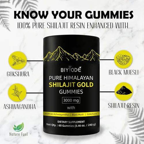 Vista 2 de Gomitas Pure Himalayan Shilajit - Suplemento diario natural con Ashwagandha - 60 gomitas - Sin OMG y sin azúcar