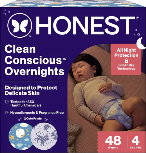 The Honest Company Comfort Dry Pañales Desechables de Noche para Piel Sensible, Hipoalergénicos, Diseño de Nube Acogedora para Bebé y Signos de