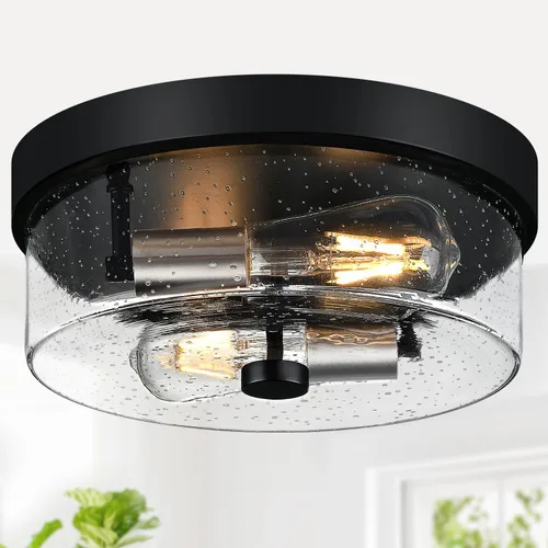 Vista 8 de Lámparas de techo de montaje empotrado, lámpara de techo de latón de 2 luces para granja con pantalla de vidrio sembrado, lámpara de techo