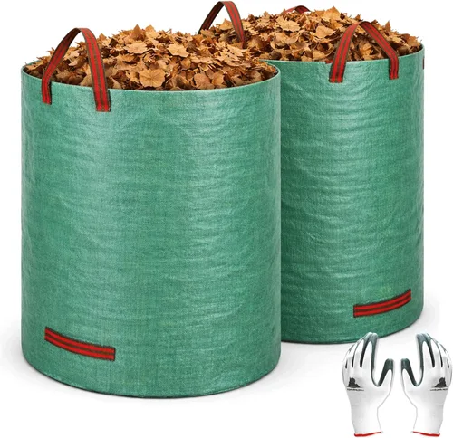 Gardzen Paquete de 2 bolsas de basura de 132 galones, reutilizables, resistentes, plegables, para hojas de jardín, con anillo de plástico, cubo de