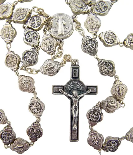 Vista 3 de Medalla de San Benito de plata oxidada, rosario de cuentas para proteger el exorcismo, 22 pulgadas